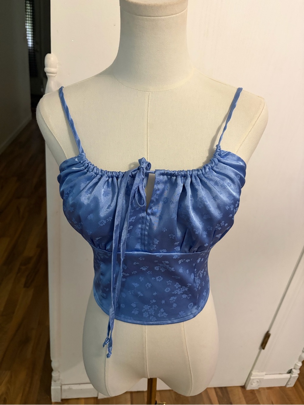 Satin Floral Blue Tie-Front Cami